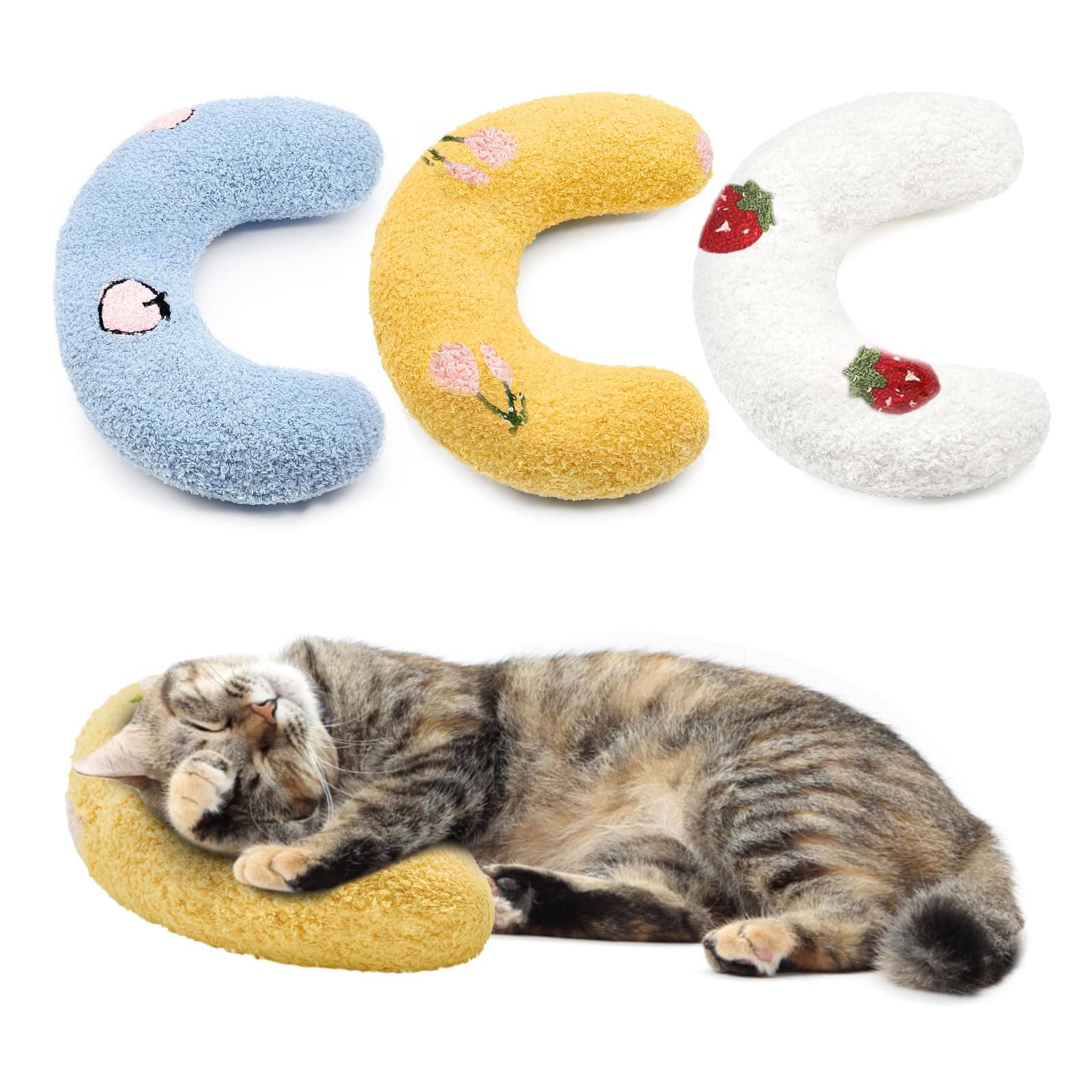ucho Pillow for Cats, 3-Pack Ultra Soft Fluffy Cat Bed Pillow Half Donut Cuddler, U-Shaped Pillow for Pet Cervical Protection Sleeping Improve-Yellow Blue White