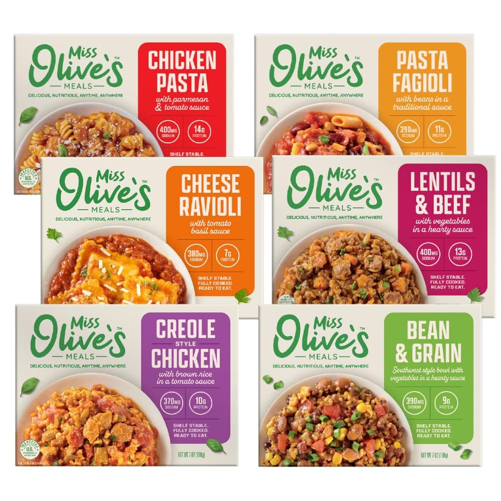 Miss Olive’s Ready Meals Variety Pack (6 Pack) – Microwave Ready to Eat Meals, Lower Sodium Shelf-Stable Lunch & Dinner Bundle