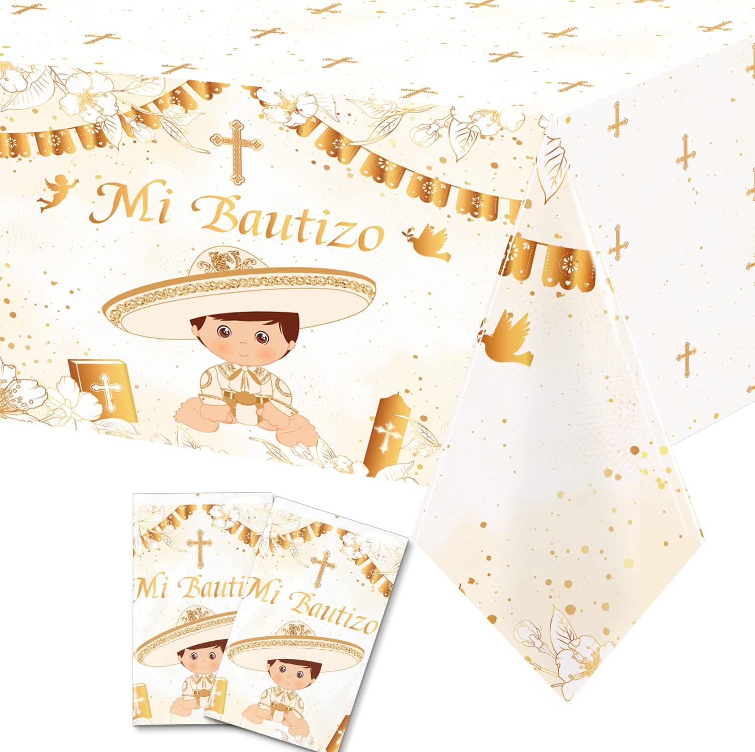 Mi Bautizo Decoration-First Communion Tablecloth for Boy God Bless,Baptism Party Decoration Christening Party Supplies 2PC 70.8x42.5 inch
