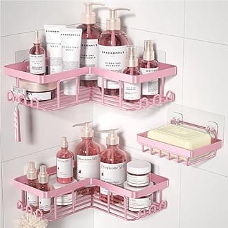 Corner Adhesive Shower Caddy, with Soap Holder and 12 Hooks, Rustproof Stainless Steel Bathroom Organizer, No Drilling Wall Mounted Rack, Pink, 3-Pack