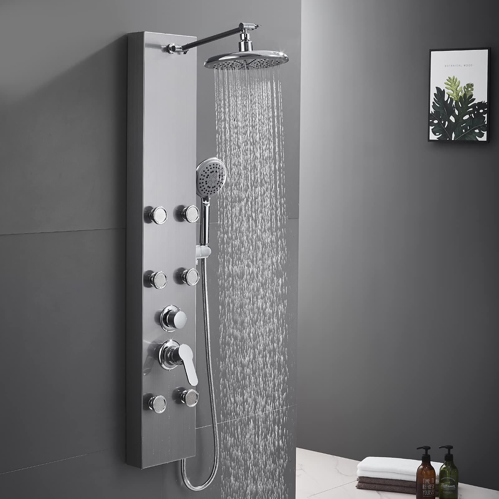 Shower Panel Tower System 304 Stainless Steel, Shower Panel System with Adjustable Rainfall Shower Head, 6 Body Massage Jets and 5 Functions Handheld, Brushed Surface