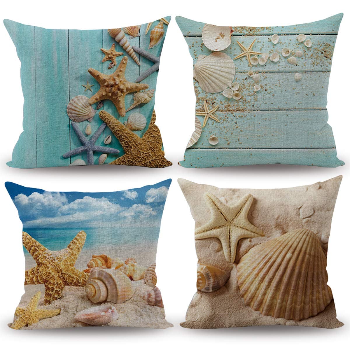 Nautical Coastal Decor Starfish/Seashell/Sand/Beach House Decorative Throw Pillow Covers 18 x 18 Inch for Party, 4 Pack