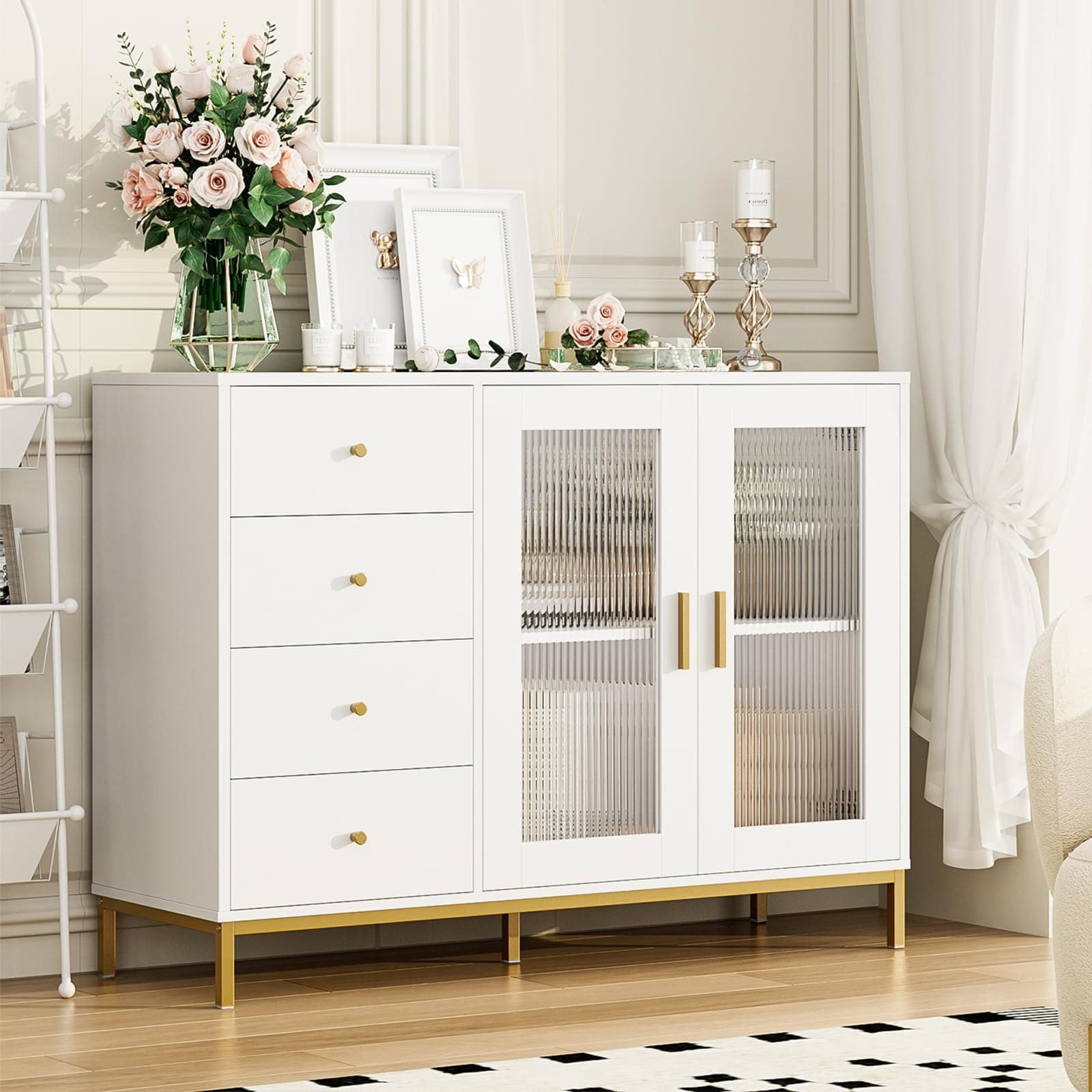 FINETONES Modern White and Gold Sideboard Buffet Cabinet with Storage, 47.2" x 34.8" x 15.7", 4 Drawers, 2 Fluted Glass Doors, Gold Metal Legs, Living Room, Dining Room, Home Office