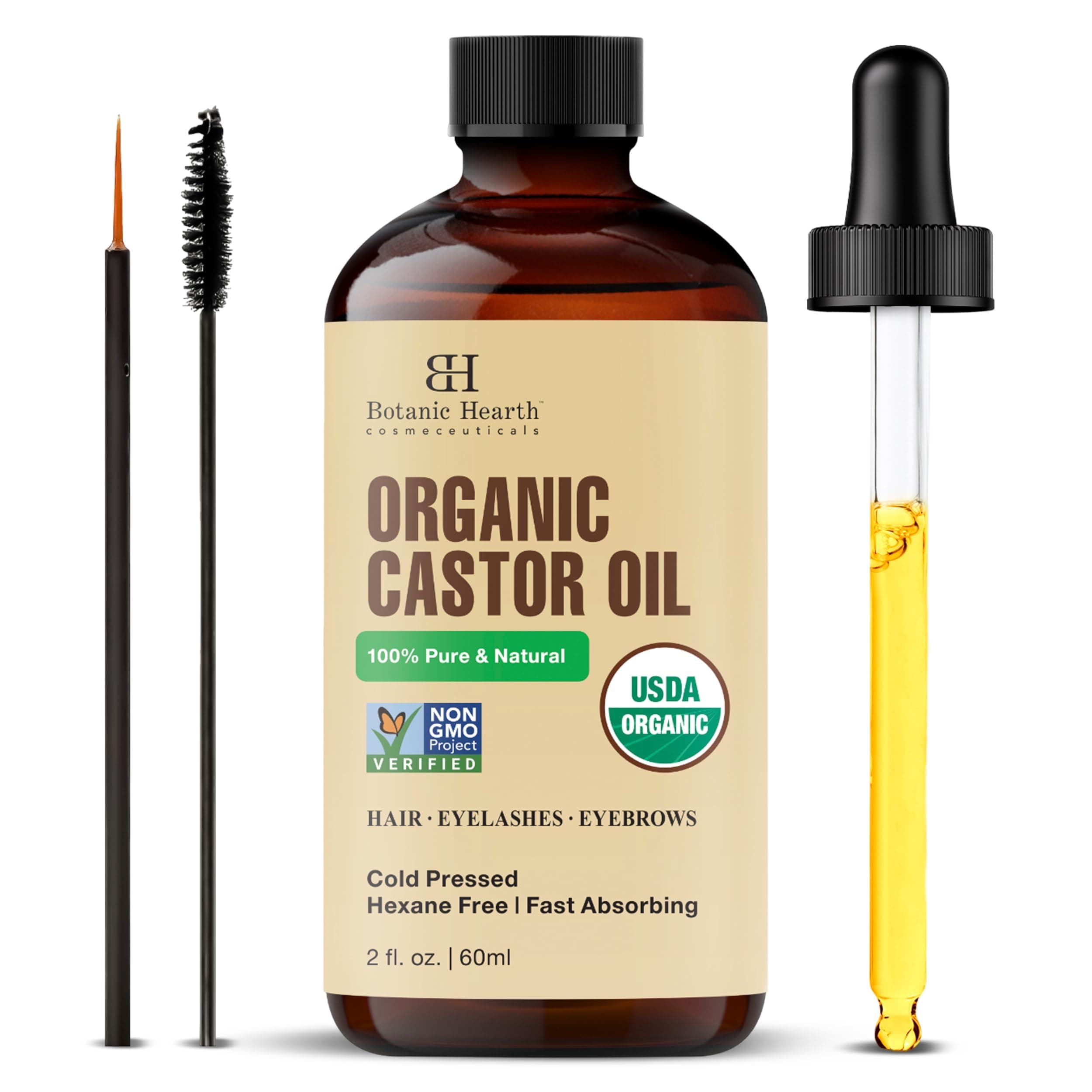 Botanic Hearth Castor Oil - 2 Fl Oz (60 ml) - Cold Pressed - Hexane Free, 100% Natural - Pure Castor Oil Organic for Eyelashes, Hair Growth, Eyebrows, Skin, Face - 100% Natural and Vegan