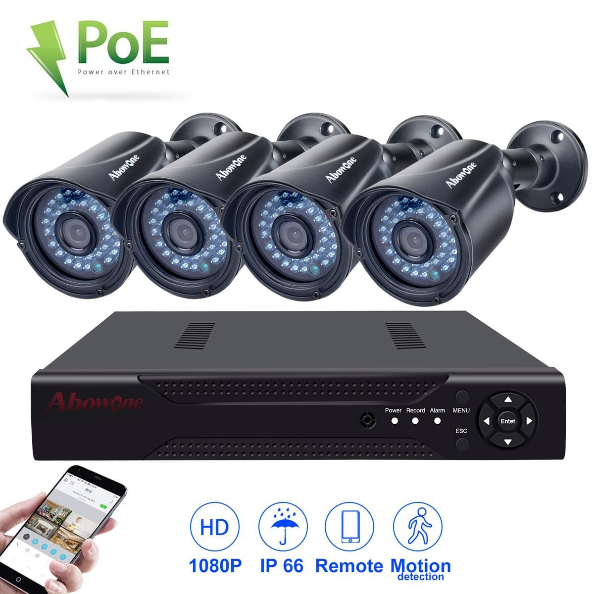 Home Security Camera System POE Outdoor Cameras 1080P Abowone 4 Channels POE NVR and 4X 1080P 2.0MP HD POE Security Cameras (No Hard Drive)