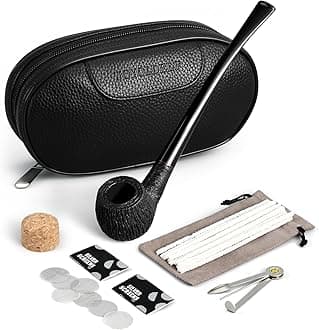 Joyoldelf Briar Tobacco Pipe With Leather Pouch, Churchwarden Style, Metal Filter, Screens, Cleaners and Smoking Accessories