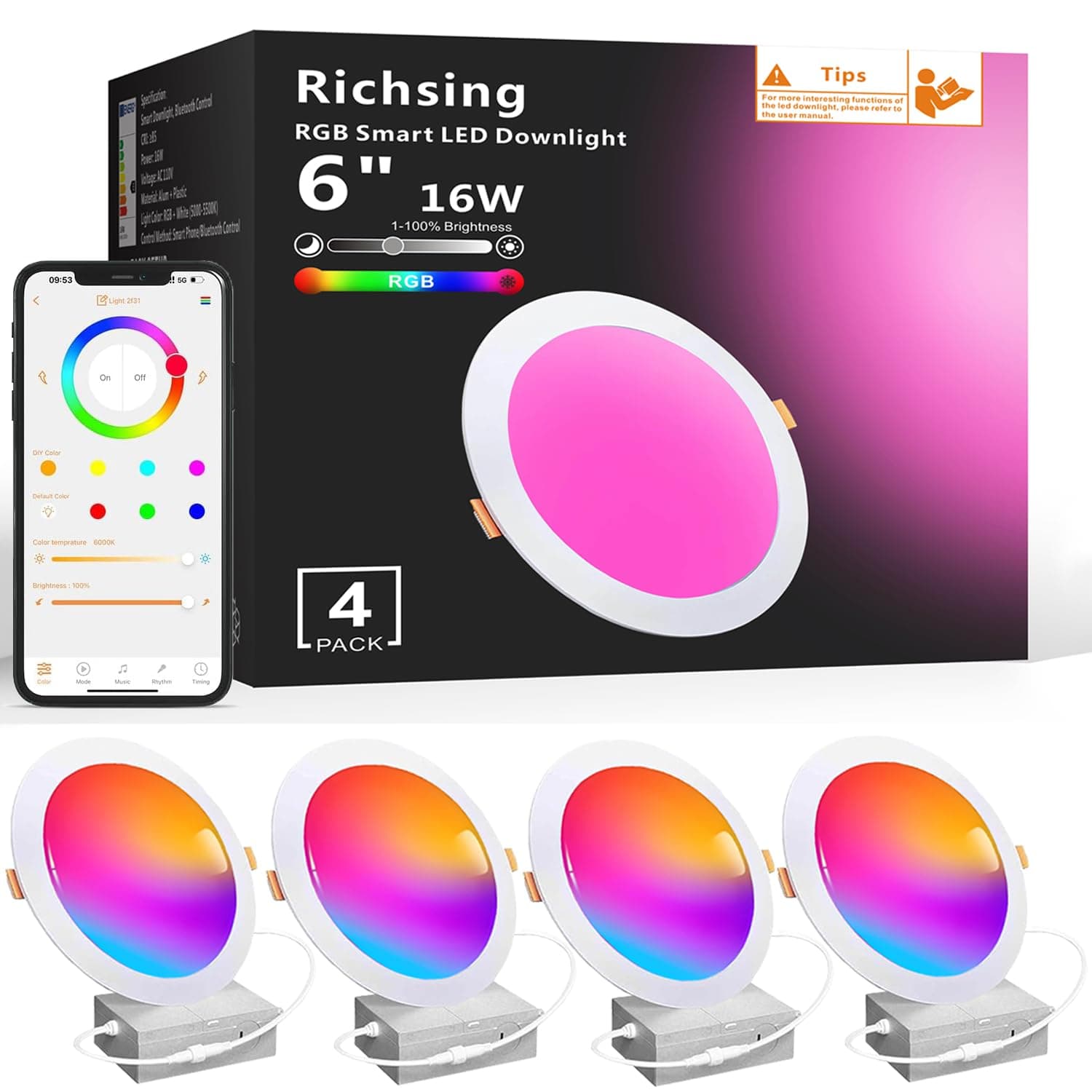 Recessed Lighting 6 inch, 4Pack RGBCW Recessed Ceiling Lights with Junction Box, 16W 1350lm LED Recessed Lights 2700 to 6000K Canless LED Downlight Dimmable by Alexa and APP