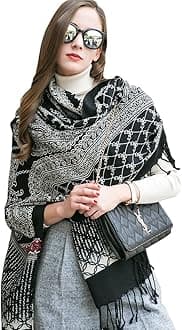 DANA XU 100% Merino Wool Pashmina Shawl for Women 96"x43", Oversized Cashmere Wrap with Tassels, Floral Travel Blanket Cape