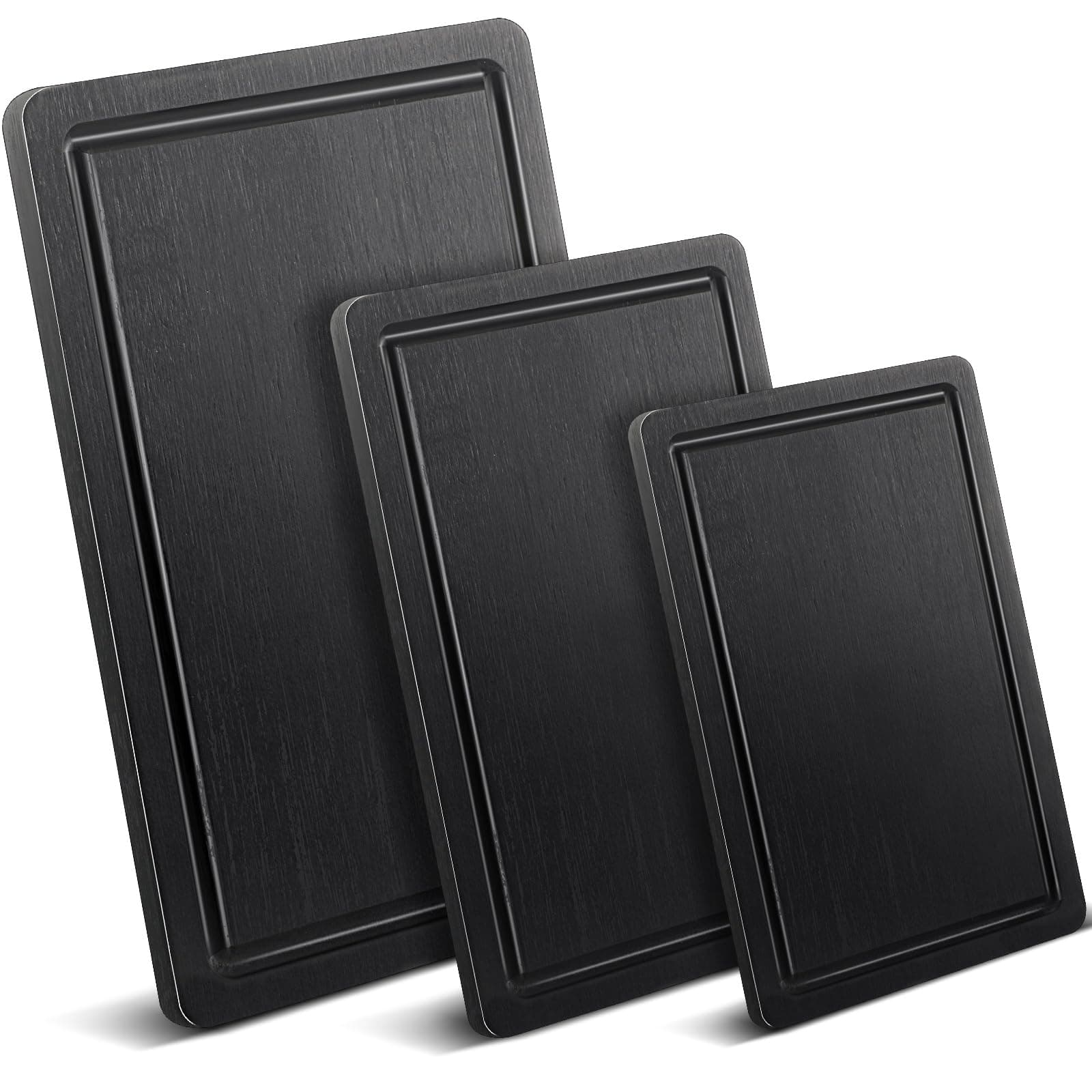 3 Pcs Black Cutting Boards Wood Cutting Boards for Kitchen Bamboo Charcuterie Boards with Juice Groove Large Wooden Chopping Serving Tray for Meat Fruit Cheese, 15 x 10, 12 x 8, 9 x 6 Inch