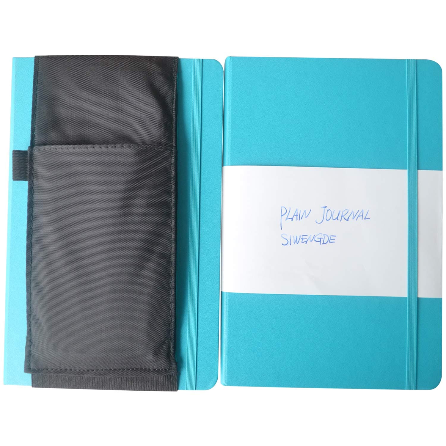 SIWENGDE A5 Plain Journal Blank Notebook of 2 Pack, 160pages Ink-Proof 100gsm with Stationery Pen Holder Pencil Pouch Tool Belt (2teal notebooks+1black Pouch)