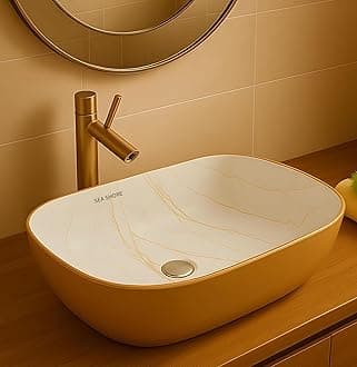 Premium Designer Table Top Ceramic Wash Basin, Slim Rim Vessel Sink for Bathroom & Living Room (18 x 13 x 5.5 Inch) (Double Color-Gold & White)