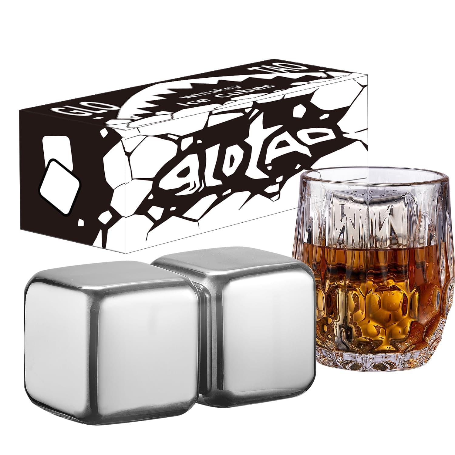 2 Large Whiskey Stones 64 cm³ (4 cu in) - Man Gift Set - Reusable Stainless Steel Metal Ice Sphere Cubes Beverage Chilling Rocks Whiskey Stones for Red Wine, Bar Beer, Scotch, Vodka Drinks