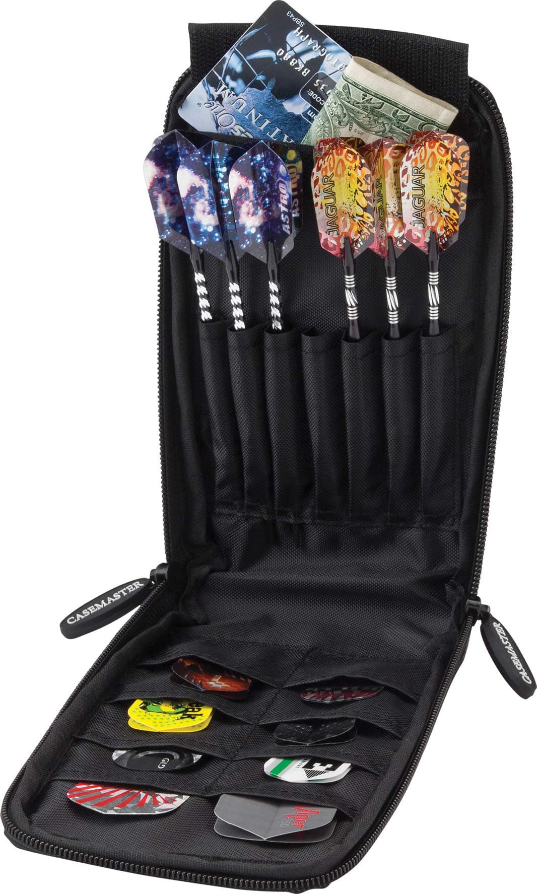 Casemaster Mini Pro Black Leatherette Dart Case with Room for 6 Darts, Steel Tip or Soft Tip, with Slim Profile Leather-Like Covering and Built-in Pockets for Flights, Shafts and Tips