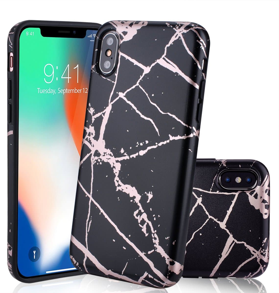 iPhone Xs Max Case, EUNSOUL [Shiny Rose Gold & Black Marble Design] Clear Thin Slim Fit Soft Matte TPU Protective Shockproof Bumper Phone Case Cover for Apple iPhone Xs Max (2018) - 6.5’’