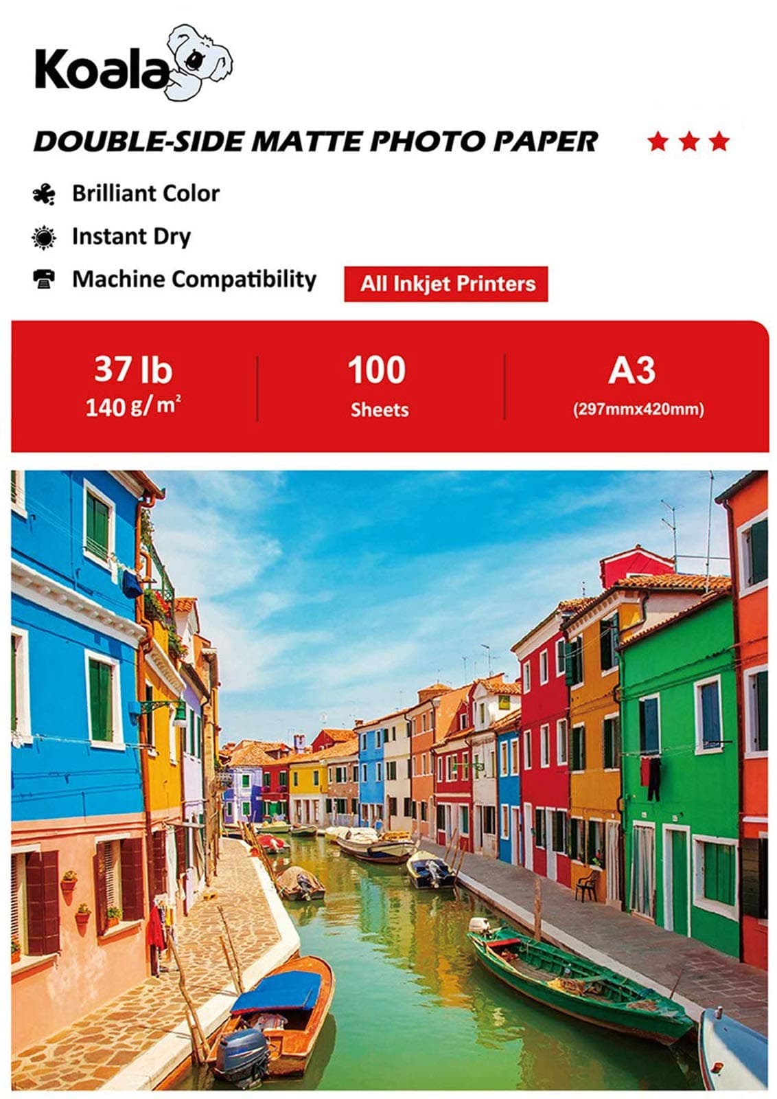 KOALA Double Sided Matte Inkjet Photo Paper A3, 140gsm, 100 Sheets for Inkjet Printers. Suitable for Printing Photos, Brochures, Covers, Certificates, Booklets, Flyers, Leaflets, Cards, Calendars