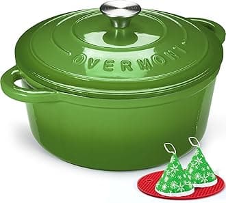 Overmont 24cm/4.2L Enamelled Cast Iron Round Casserole Pot With Lid Cookbook & Cotton Potholders - Non-stick Dutch Oven Cookware for Braising, Stews, Roasting, Bread Baking - Forest green, 4.5QT
