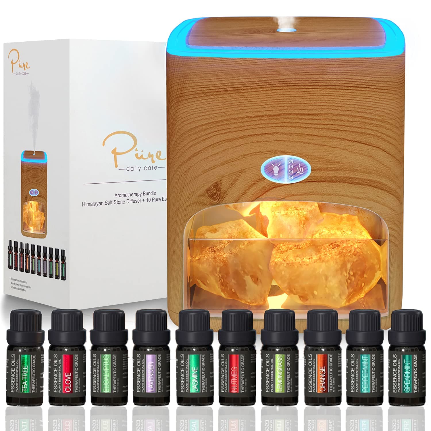 Pure Daily Care Himalayan Pink Salt Diffuser & 10 Essential Oils – 2-in-1 Therapeutic Device - 400ml Ultrasonic Vaporizer and Ionizer with Ambient Glow (Light)