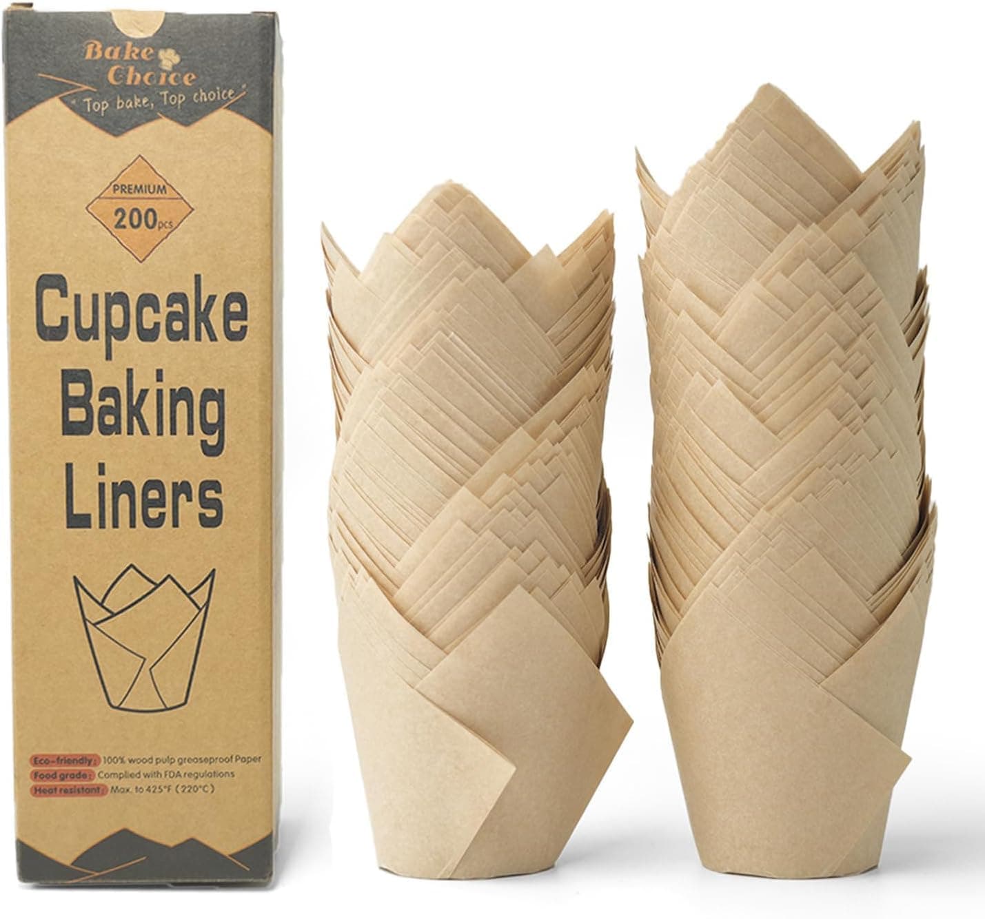 Bake Choice 200pcs Natural Tulip Cupcake Liners for Baking Cups Unbleached European Parchment paper Tulip Muffin Liners, Nordic 75GSM Paper Cupcake Wrapper for Party, Christmas