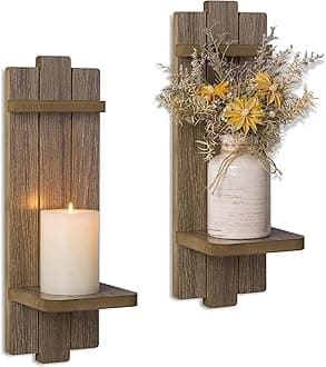 Wall Candle Holders Set of 2: Wooden Candle Sconces Vingtage Wall Art Decor (Light Brown)