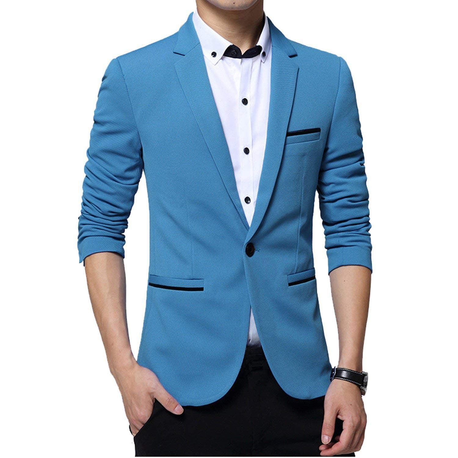 GopuneMen's Slim Fit Casual One Button Suits Coat Solid Blazer Business Jacket, Sky Blue, S