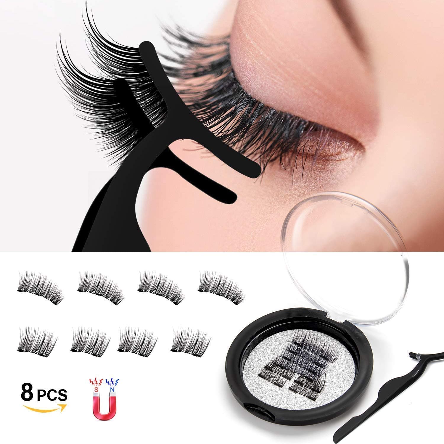 Magnetic Eyelashes,2 Magnets 8 Pcs 3D Magnetic Eyelash Set,3D Reusable Hand-made Extension Soft False Eyelashes No Glue for Natural Look (Upgraded version)