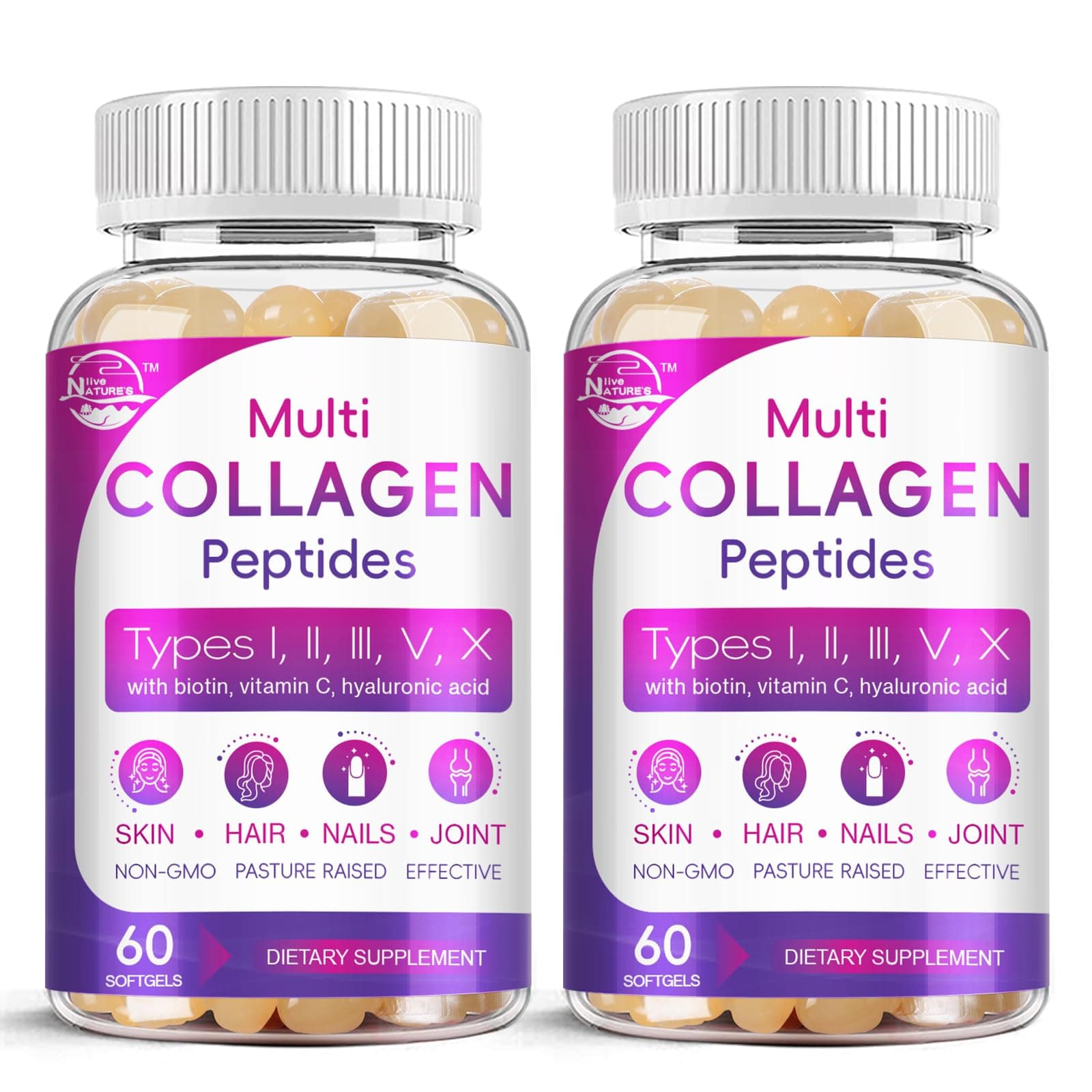 Multi Collagen Peptides Softgel - Type I, II, III, V, X - Hydrolyzed Collagen Peptides with Biotin, Vitamin C, Hyaluronic Acid, Supports Skin Hair Nail, Grass-Fed, Non-GMO, 60 Softgel, 2 Pack