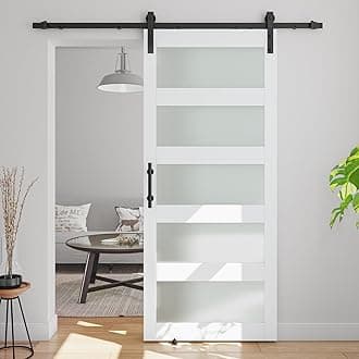 36in x 84in 5-Panel Sliding Glass Barn Door with 6.6ft Hardware Kit Included, Easy Assembly with Pre-Drilled Holes, WaterProof, Frosted Glass for Bathroom-Fit Max Opening 34in x 82in, White