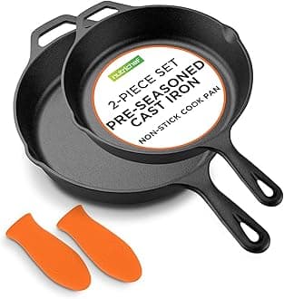NutriChef 10" & 12" Pre-Seasoned Cast Iron Pans - Durable Nonstick Skillets, Cool-Touch Silicone Handle, For Oven, Grill & All Stovetops