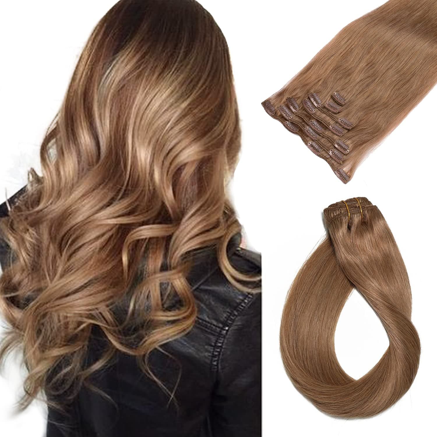 Clip in Human Hair Extensions 7A Grade 70 Gram 7 Pieces Silky Straight Weft Golden Brown Remy Hair Extensions Clip in Real Hair Seamless Clip on Extensions for Women 15 Inch