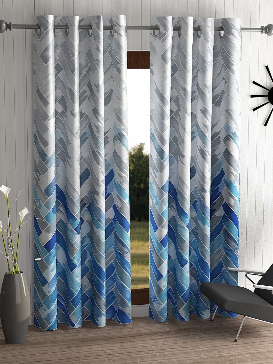 Home Sizzler 2 Pieces Geometrical Panel Eyelet Polyester Door Curtains 7 Feet, Blue(Eyelet),Grommet Curtains | Light-Filtering