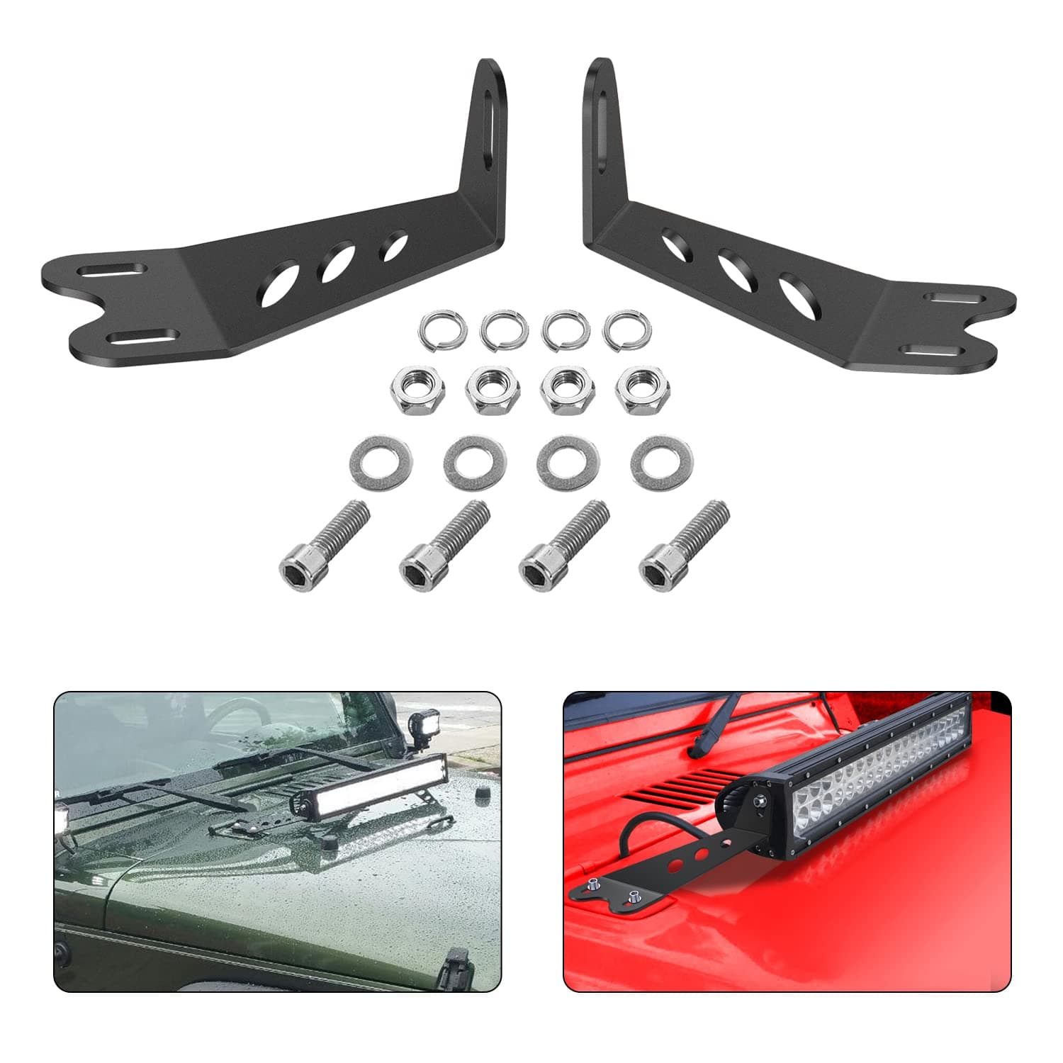 Nilight 2PCS Hood Mounting Brackets for 20” LED Light Bar on Jeep Wrangler JK 2007-2017, 2 Years Warranty (90040B), Black