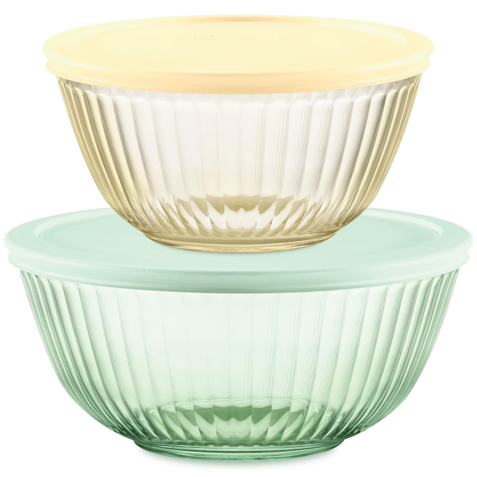 Pyrex Colors (2-Pack) Sculpted Tinted Small/Medium Glass Mixing Bowls With Plastic Lids, Nesting Space Saving Set of Bowls For Prepping and Baking, 1.3QT & 2.3QT