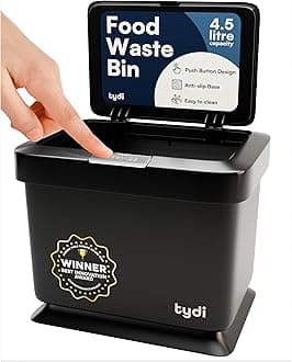 Tydi 4.5L Food Waste Bin with Press-Button Lid – Compost Bins for Kitchen - Anti-Slip Base and Secure Lid Kitchen Compost – Small Indoor Caddy for Cupboard or Countertop – Black