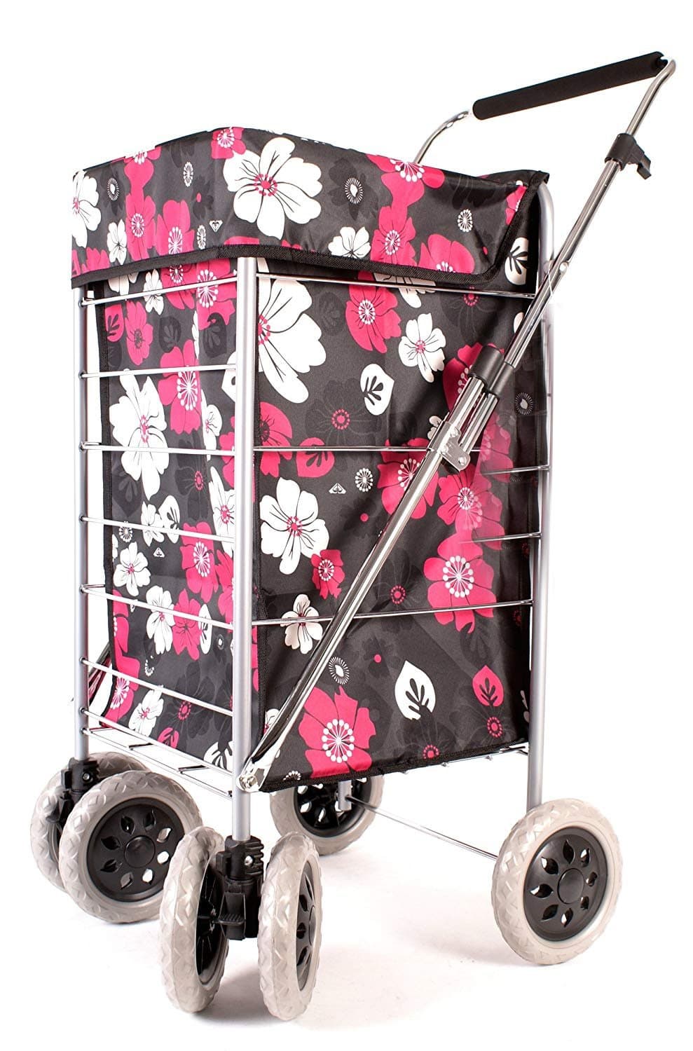 Premium 6 Wheel Swivel Shopping Trolley with Adjustable Handle Black with Pink and White Floral Print