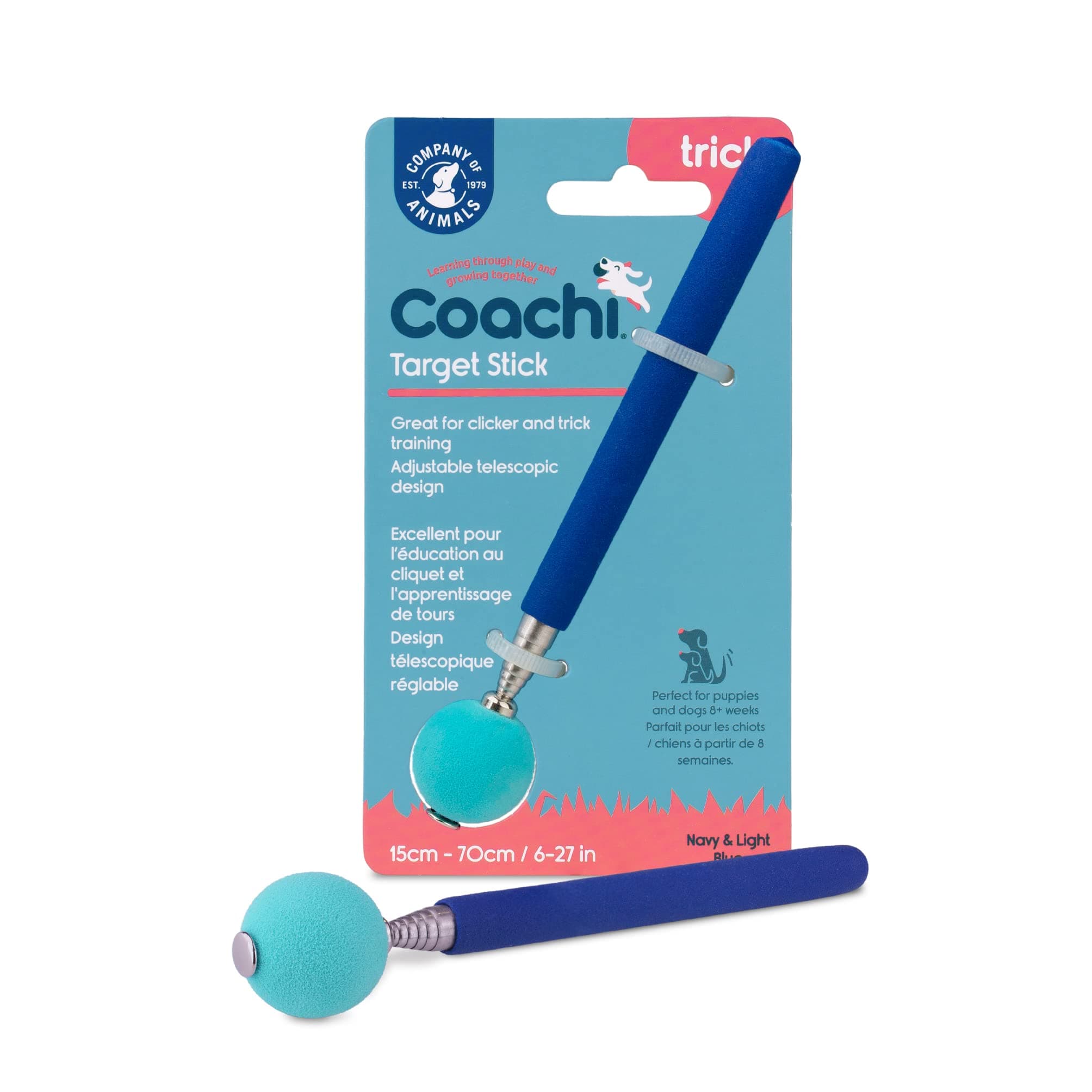 Coachi Target Stick, Telescopic Design with Large Ball for Target, Dog Accessory for Clicker & Agility Training, Teach Commands and Tricks, Navy/Light Blue