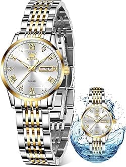 Luxury Ladies Watches,Women's Watch with Day and Date,Female Watch for Small Wrist,Gold Stainless Steel Watches for Women,Easy Read Ladies Wrist Watches Waterproof（Adjustable Strap