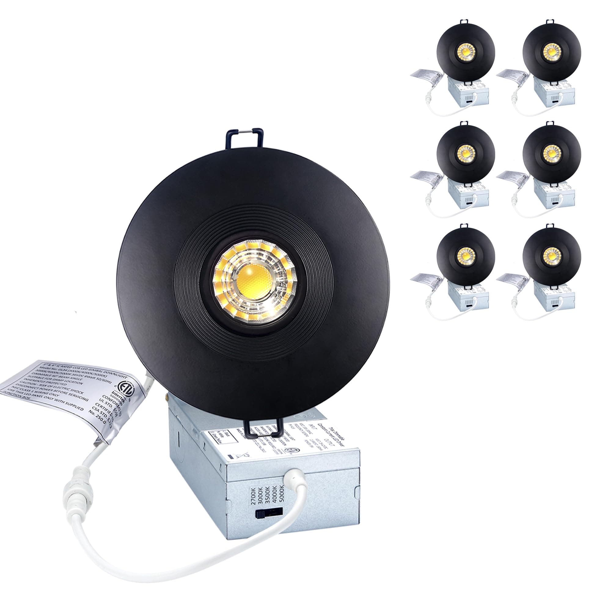 POPANU Premium Canless Recessed Gimbal Downlight Rotatable-Spotlight 5 CCT 4 Inch Eyeball Ceilling Potlight, Dimmable Lights Fixture with Junction Box, 8W Black Round Trim, with Baffle, 6P