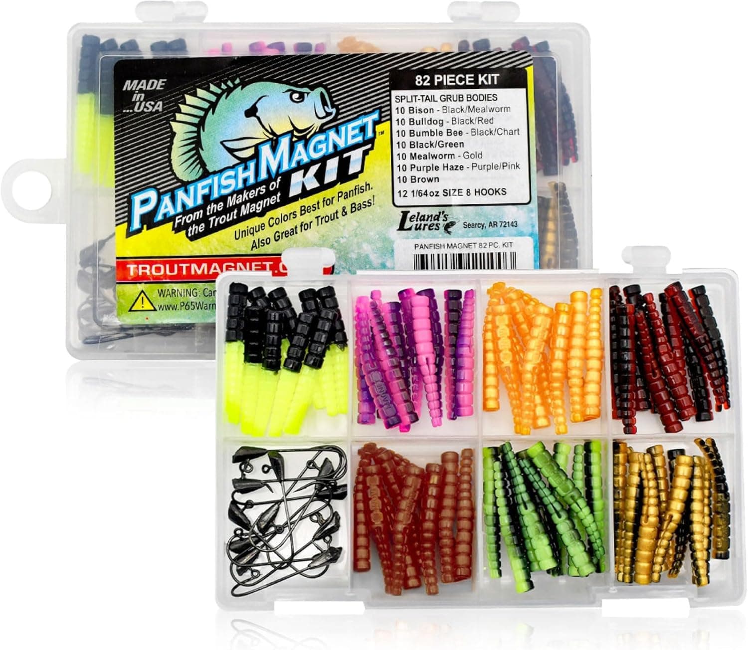 82 Piece Panfish Magnet Kit, with A Longer Shad Dart Hook, Includes 70 Split Tail Grub Bodies, 12 Black Size 8 Mustad Hooks, Catches All Types of Fish
