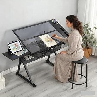 Drafting Table, 0-75° Tilting Glass Tabletop Drawing Table with Stool - Adjustable Height Art Desk with Multi-Storage for Sketching and Painting - Perfect for Artists and Hobbyists, Black
