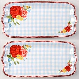 Decorative Floral Serving Tray, Vintage Rose Pattern, Blue Scalloped Edge, Set of 2