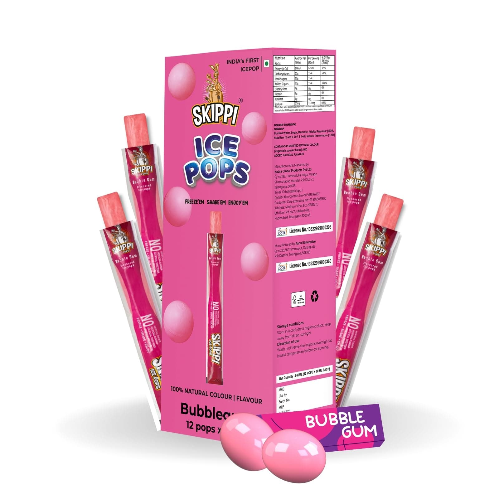 Skippi Bubblegum Icepops | Bubblegum Extract | Chewing Gum Candy Flavour | 90s Kids Candy | Vegan Popsicle Sticks | Fat Free Ice - Bubblegum Flavour (Box of 12 Pops)