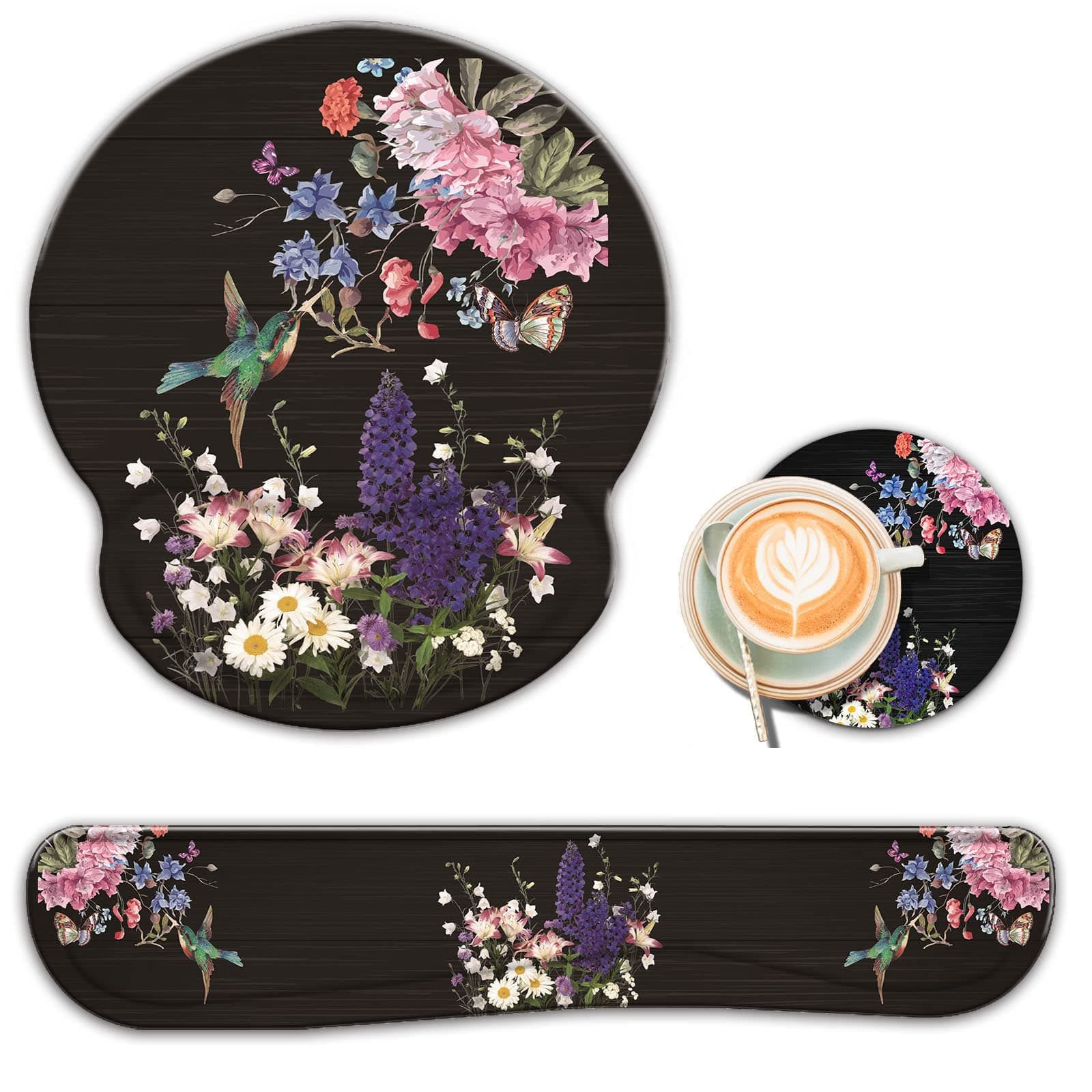 Keyboard Wrist Rest and Ergonomic Mouse Pad with Wrist Support Set,Non-Slip PU Base Matching Cute Coaster ,for Home and Office,Hummingbird and Flower