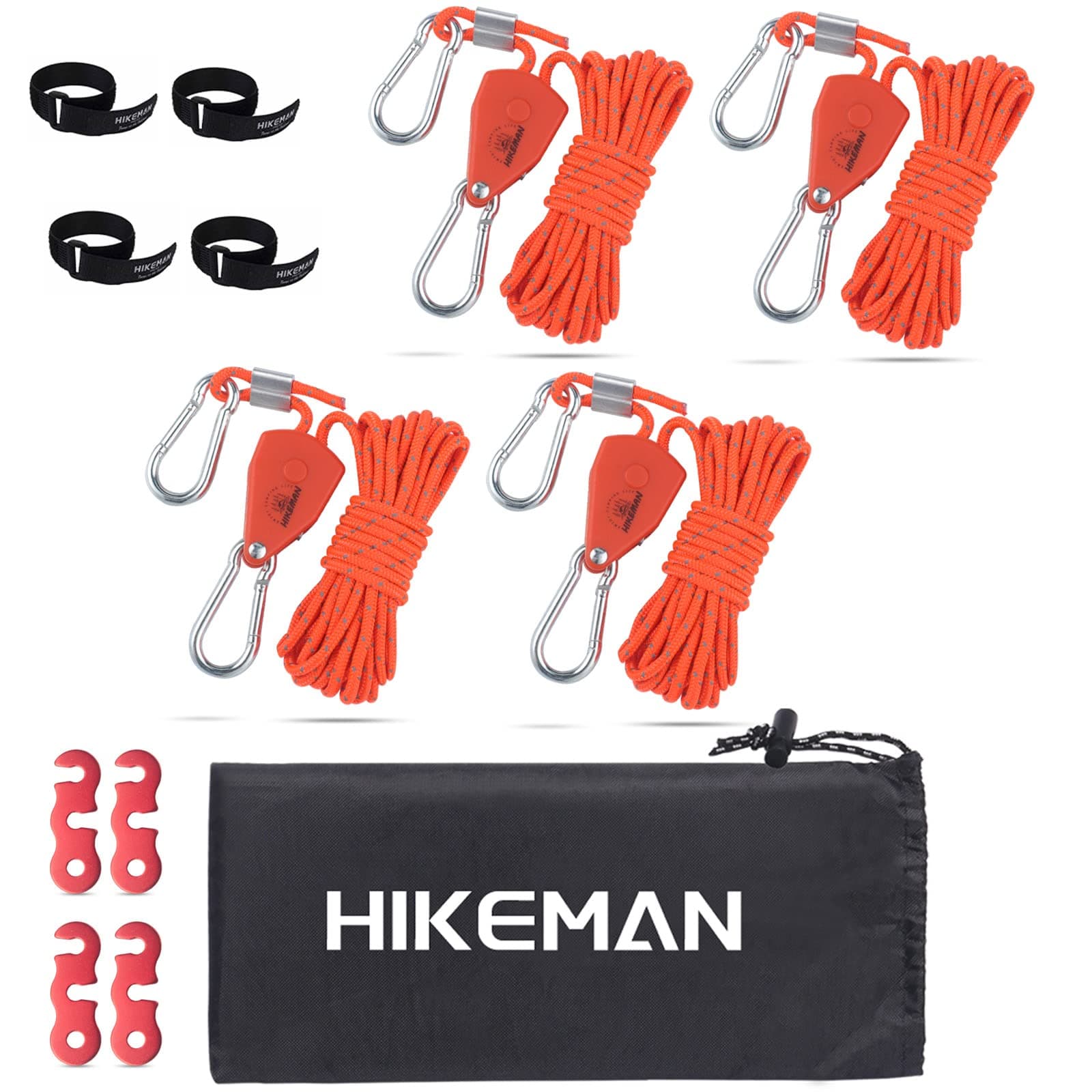 Tent Guy Ropes with pulley - 4mm Reflective Cord Tent Guide Rope with Aluminum Adjuster for Outdoor Camping Hiking Awning Tents (4PCS-Orange)