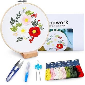 Embroidery Kit for Beginners, Flowers and Leaves Embroidery Practice Kit, Hand Floral Embroidery Starter Kit for Adults with Video Step by Step Instructions, Hoops, Threads and Needles (BEF011)