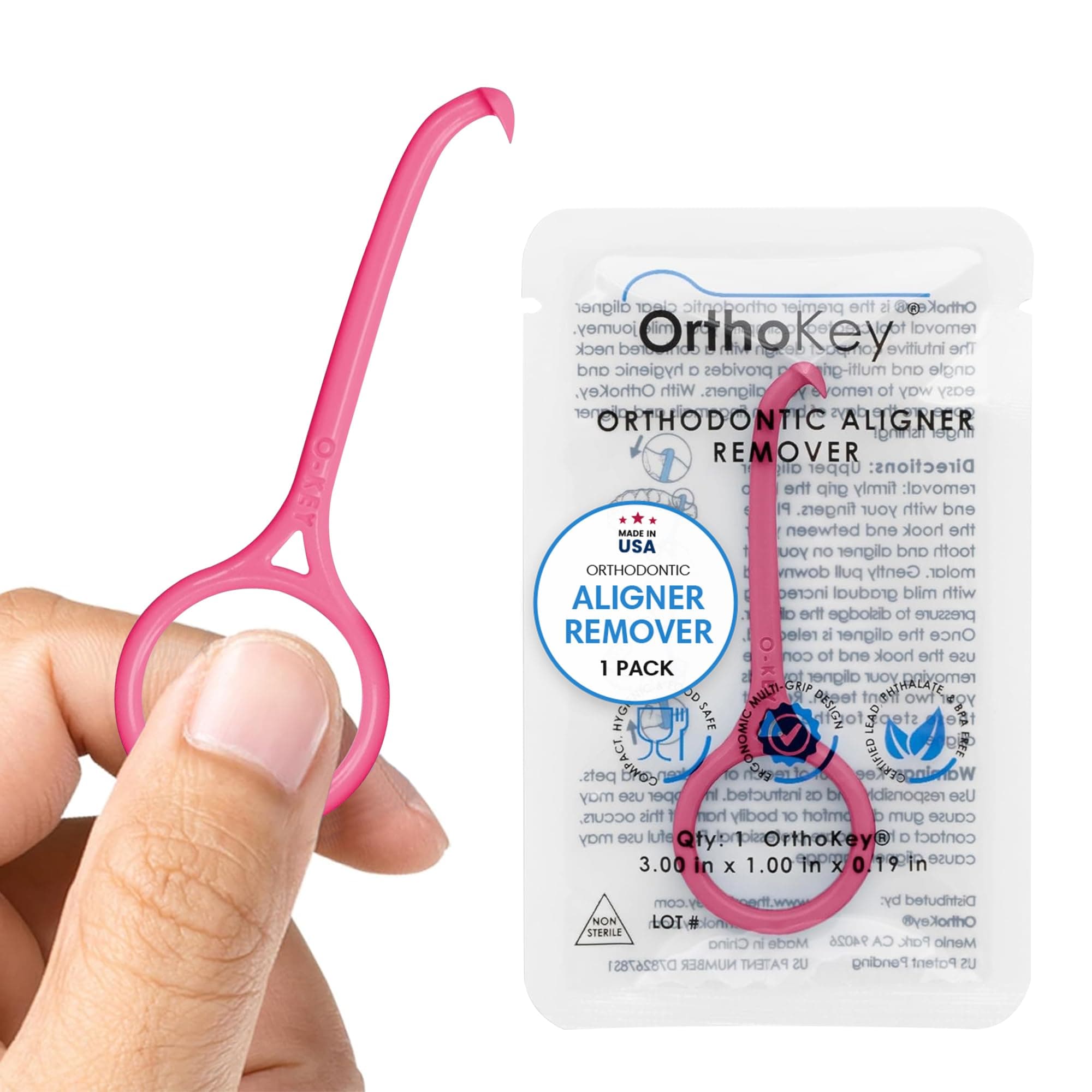 OrthoKey Clear Aligner Removal Tool - Remover Tool for Removable Braces & Retainers, Retainer Cleaner, Invisalign Compatible, Fits In a Dental Carrying Case or Aligner Case - Small Size, Pink (1-Pack)