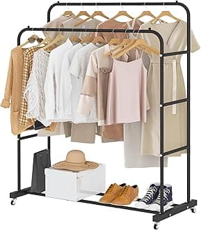 Laiensia Double Rods Clothing Rack with Wheels, Garment Rack for Hanging Clothes, Multi-functional Bedroom Clothes Rack, Black