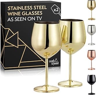 Oak & Steel - 2 Gold Stainless Steel Wine Glasses (18 Oz) Unbreakable Metal Wine Glasses, Wine Goblets with Gift Box for House Warming, Valentines, Anniversary