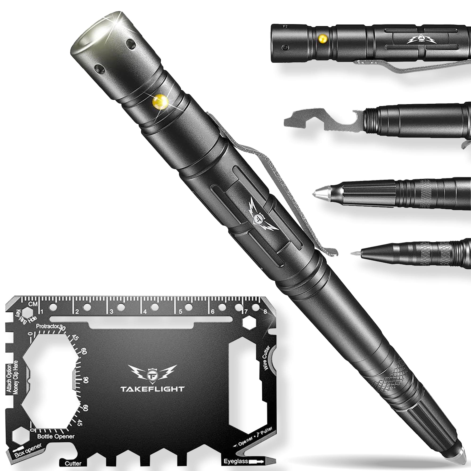 Tactical Pen – Self Defense Survival EDC Pen with LED Flashlight, Glass Breaker & Bottle Opener – Military Multitool Pen for Men & Women – Veteran-Owned TakeFlight – 2 Ink Refills + Extra Battery