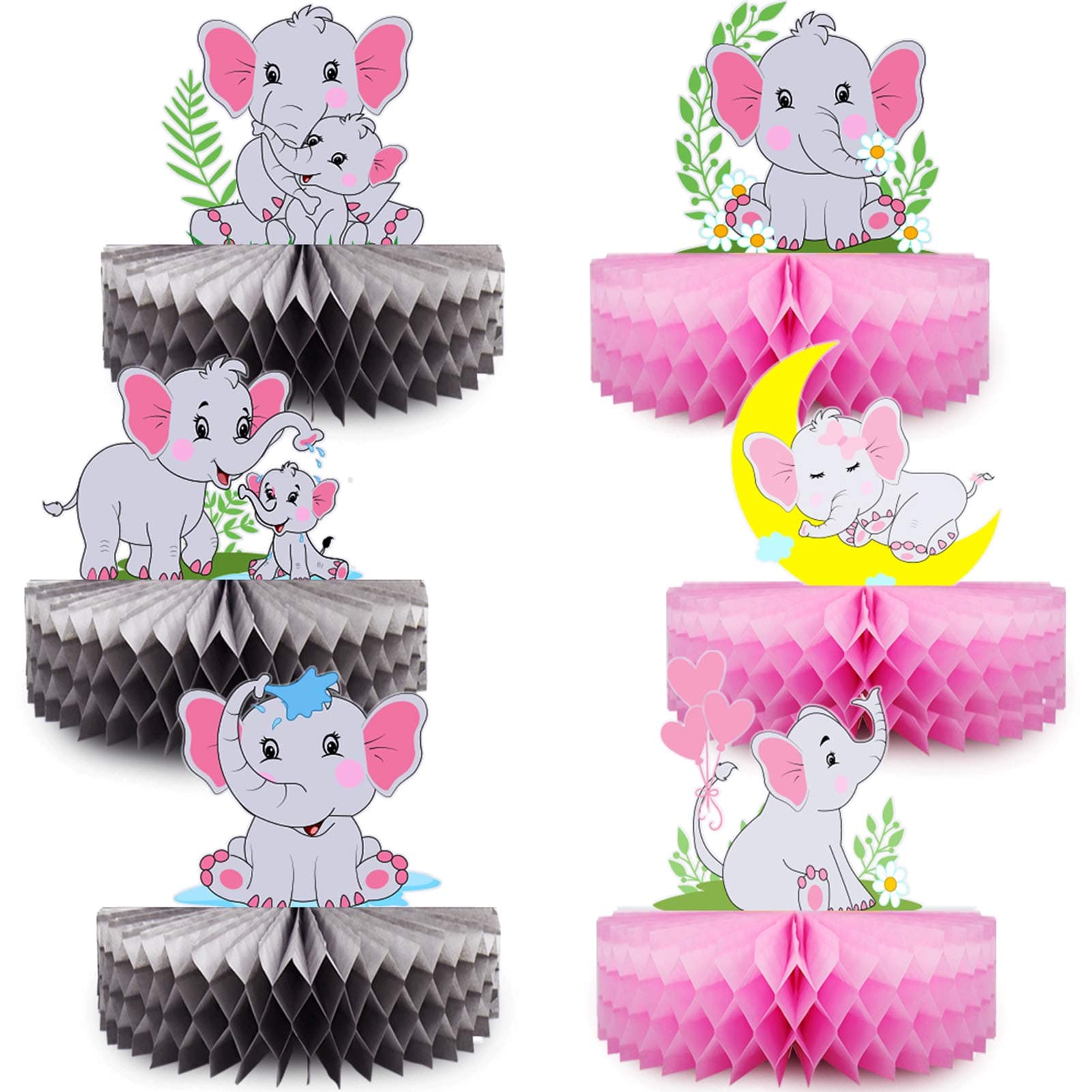 Mity rain 6 Pack Pink Elephant Honeycomb Centerpieces - Double-Sided Baby Girl Elephant Table Decorations Little Peanut Cutouts for It's A Girl Baby Shower Kids Birthday Party Supplies