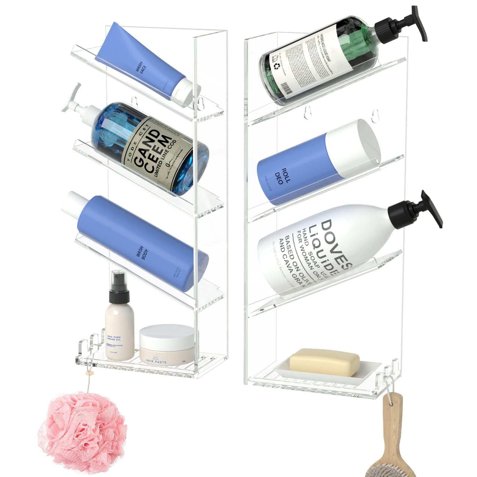 AITEEAcrylic Bathroom Organizer Caddy, Clear Shampoo Holder Wall Mounted, Shower Organizer with Suction Cup, No Drilling and Rustproof, Sturdy and Durable - Combination Shelf